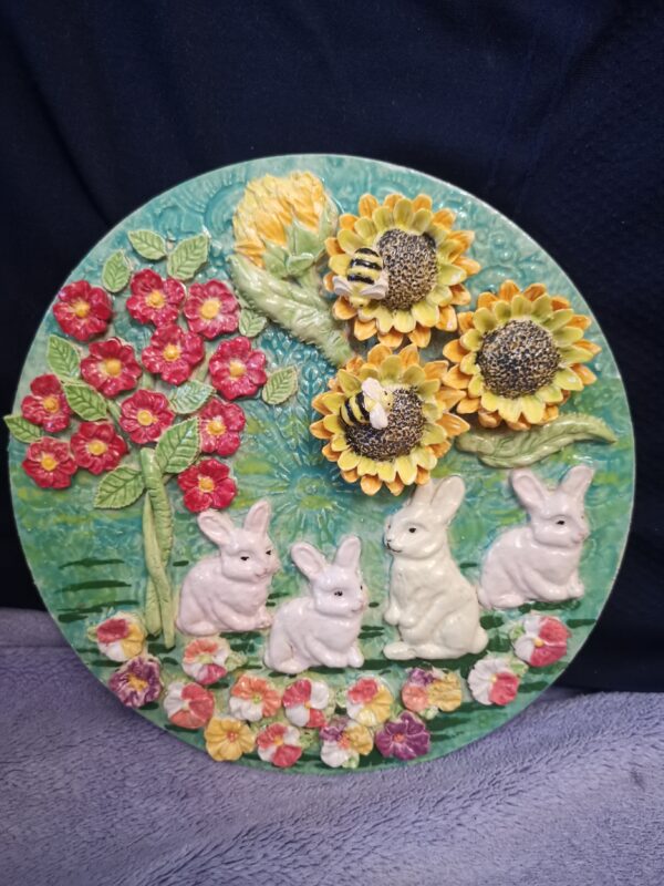 Rabbits Sunflowers Wildflowers ceramic plate