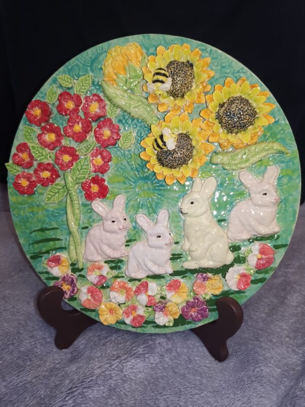 Rabbits Sunflowers Wildflowers ceramic plate - Image 5