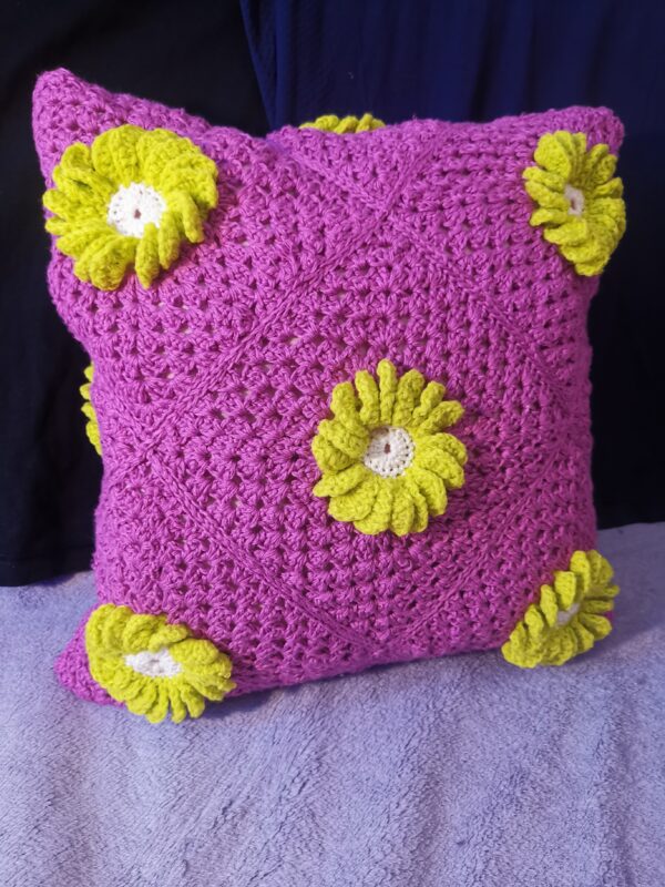 Pillow lilac with yellow flowers knitted case