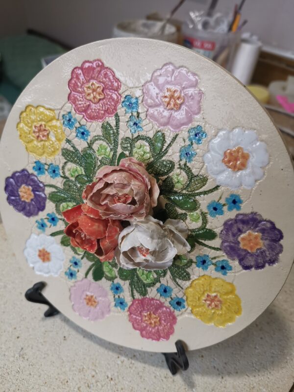 Ceramics plate 3D sculptural  thin flowers handmade.