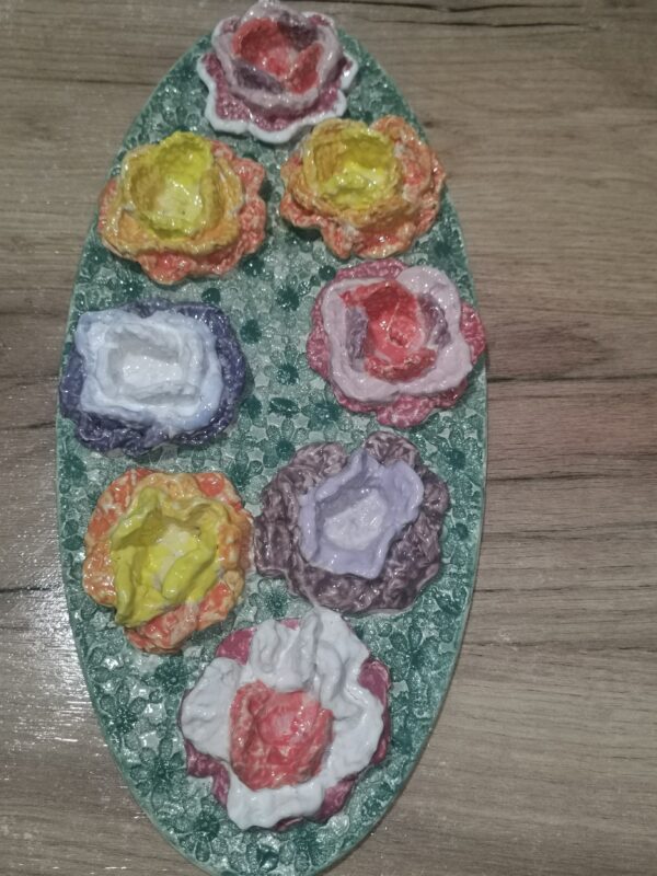 Knitted flowers from wool colored sculptural ceramic  plate,  handmade. - Image 3