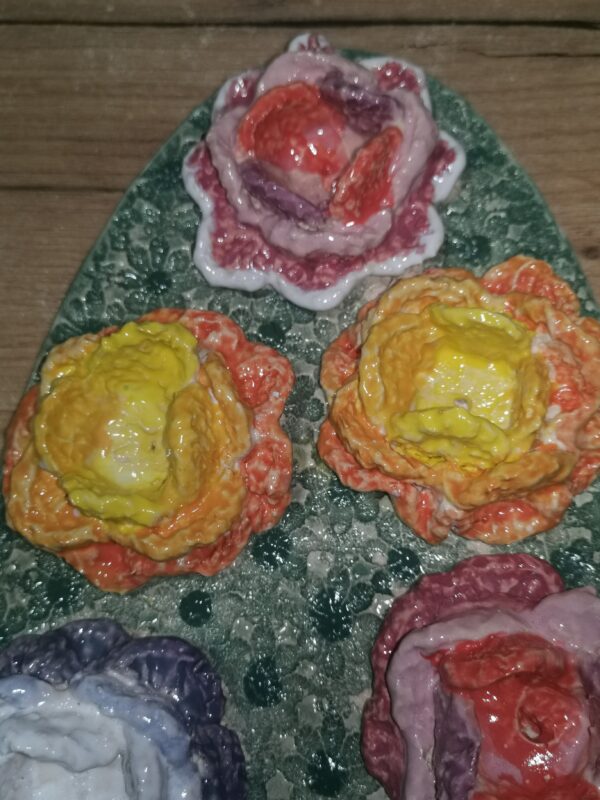 Knitted flowers from wool colored sculptural ceramic  plate,  handmade. - Image 5