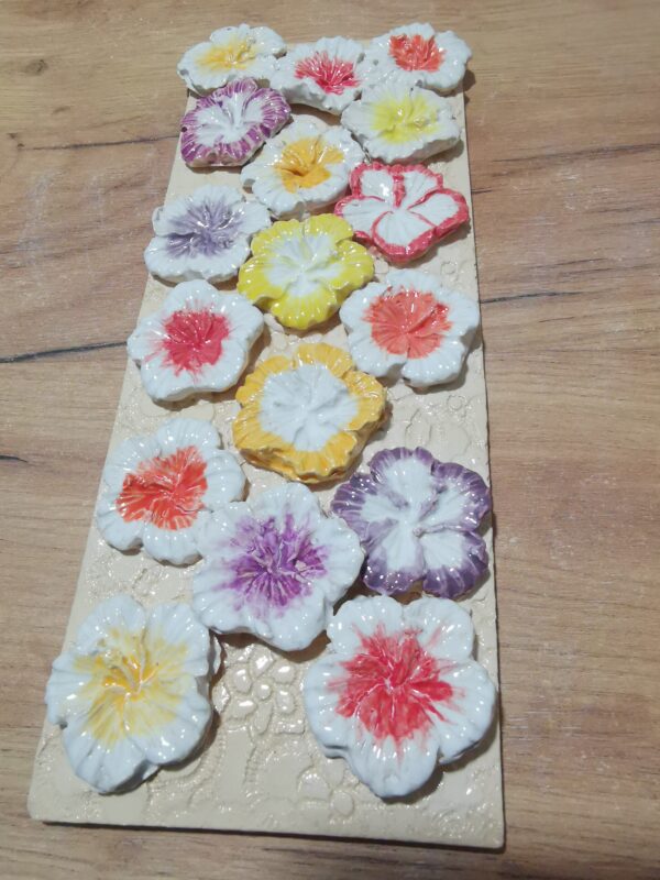 Flowers colored sculptural ceramic plate, Still life handmade.