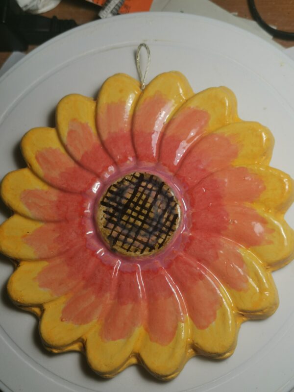 Sunflower ceramic panel, handmade.
