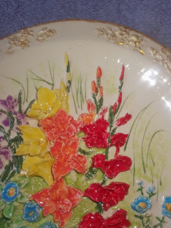 Flowers Bohemia sculptural ceramic plate handmade size 7.5 inch. - Image 3