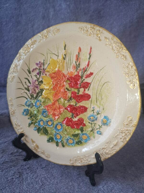 Flowers Bohemia sculptural ceramic plate handmade size 7.5 inch.