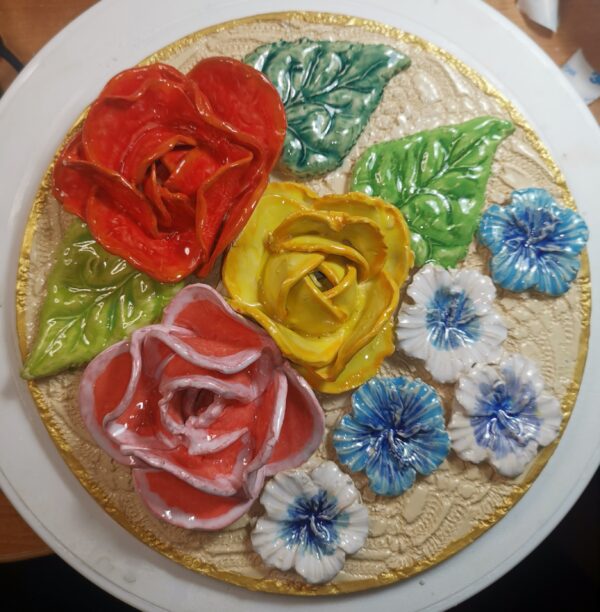 Roses ceramic 3D sculpture plate handmade - Image 2