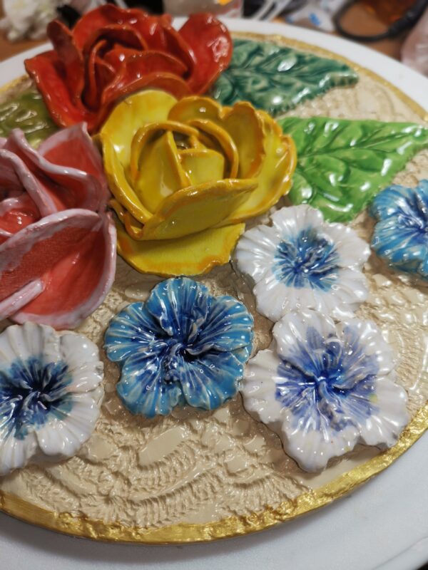 Roses ceramic 3D sculpture plate handmade - Image 5