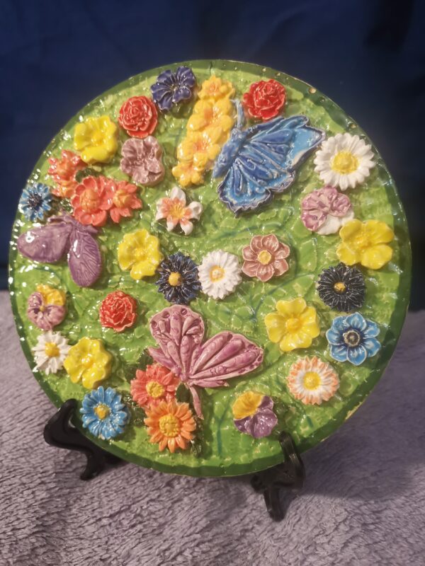Ceramic butterflies and daisieswild sculptural flowers panel,  handmade,  Still life, color therapy.