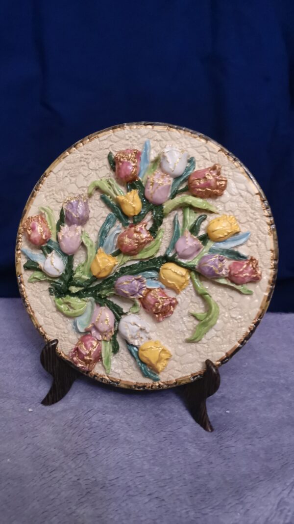 Tulips  wildflowers sculptural ceramic plate,  glamour, handmade, Bohemia