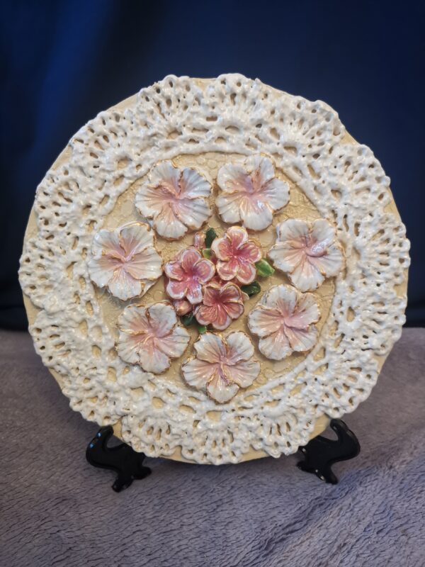 Openwork sculptural pink flowers  ceramic  plate, handmade.
