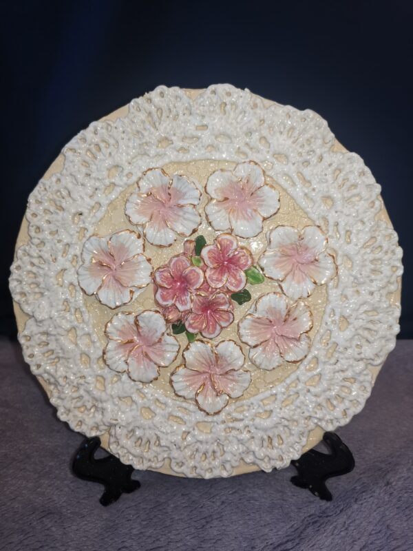 Openwork sculptural pink flowers  ceramic  plate, handmade. - Image 2