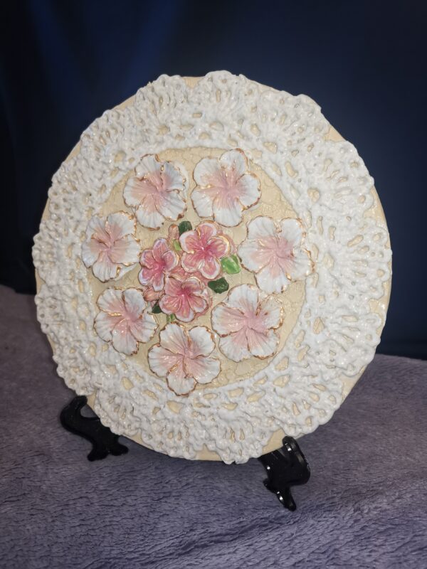Openwork sculptural pink flowers  ceramic  plate, handmade. - Image 3