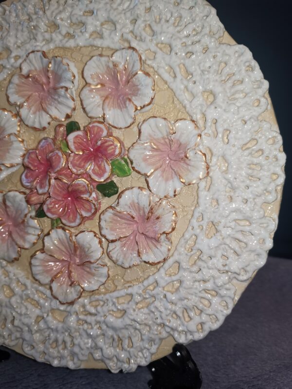 Openwork sculptural pink flowers  ceramic  plate, handmade. - Image 4