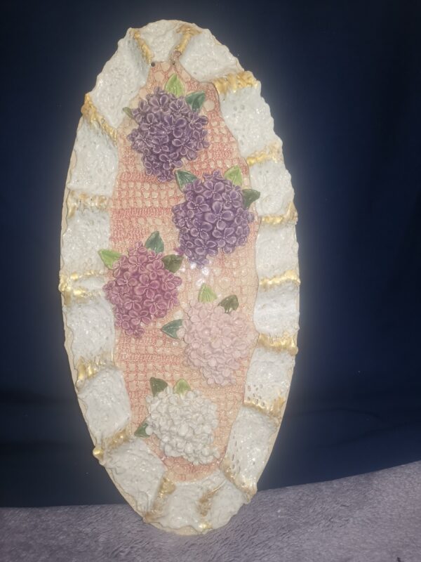 Lilac openwork sculptural ceramic plate handmade.