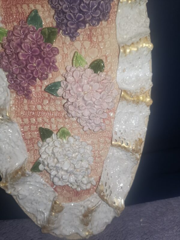 Lilac openwork sculptural ceramic plate handmade. - Image 9