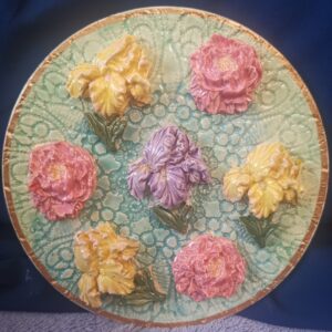 Irises flowers sculptural ceramic plate,  handmade.