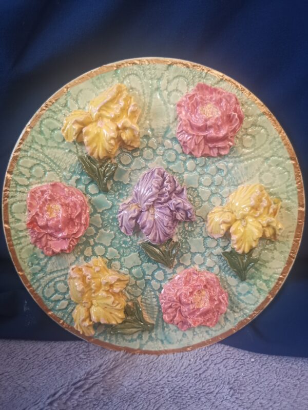 Irises flowers sculptural ceramic plate,  handmade.