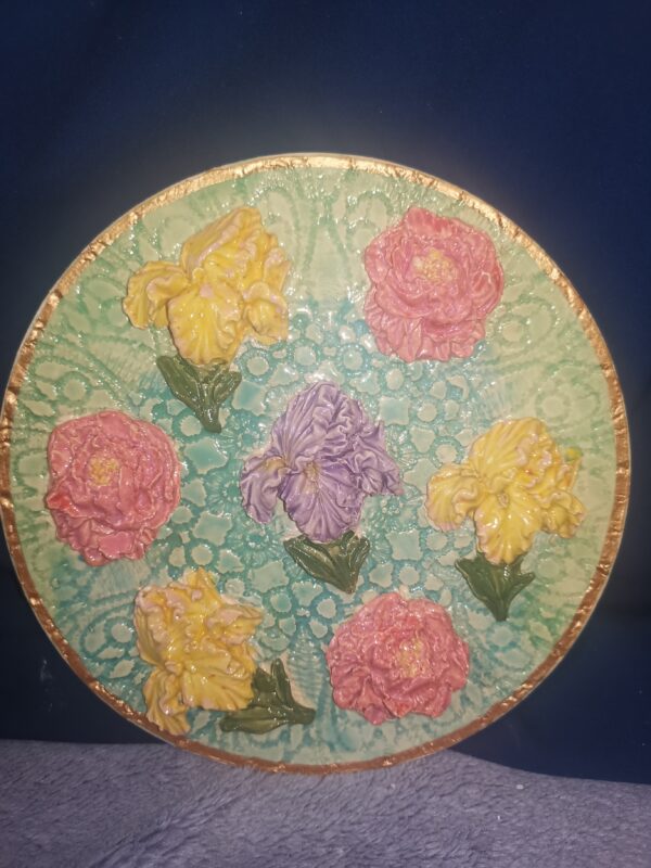 Irises flowers sculptural ceramic plate,  handmade. - Image 6
