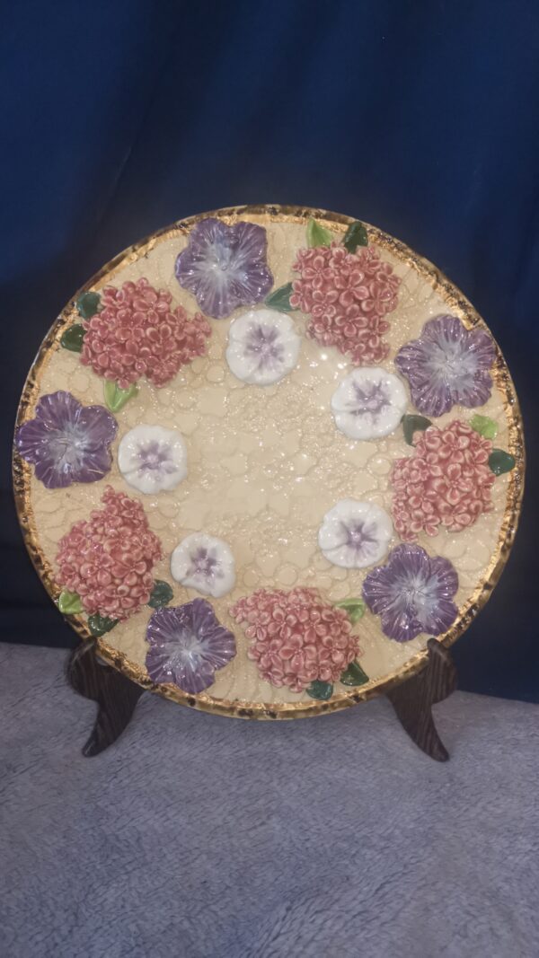 Lilac and daisieswild sculptural flowers ceramic plate  handmade.