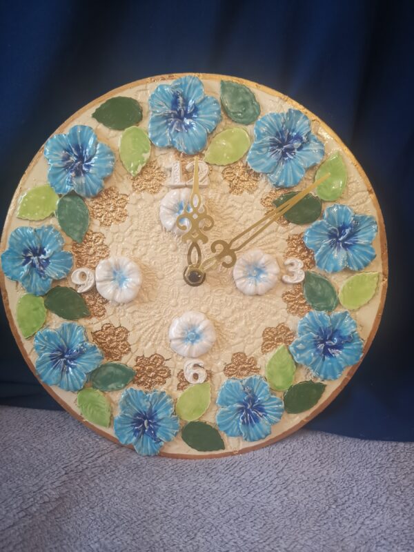 Wall clock sculptural flowers Ceramic handmade
