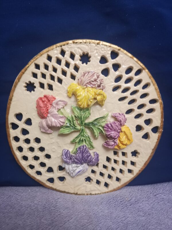 Flowers openwork 3D sculptural ceramic plate with  Irises  handmade. - Image 3