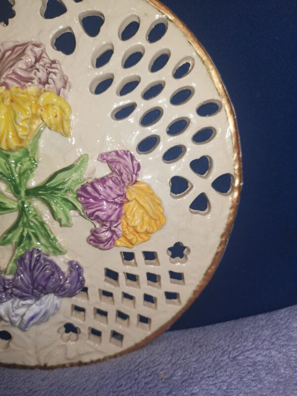Flowers openwork 3D sculptural ceramic plate with  Irises  handmade. - Image 5