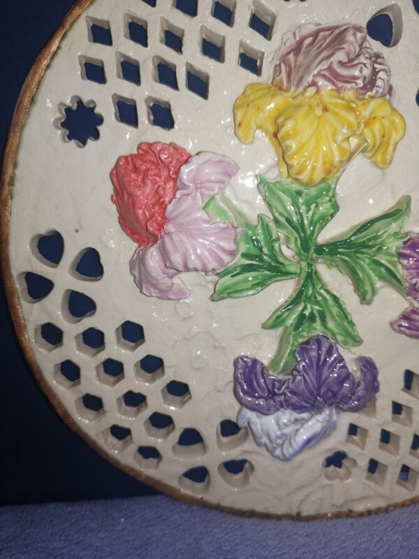 Flowers openwork 3D sculptural ceramic plate with  Irises  handmade. - Image 6