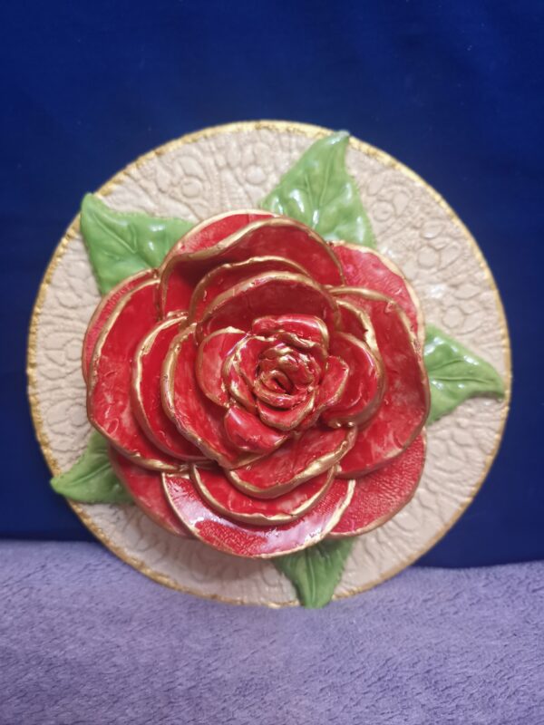 Rose red ceramic sculpture 3D  plate handmade.
