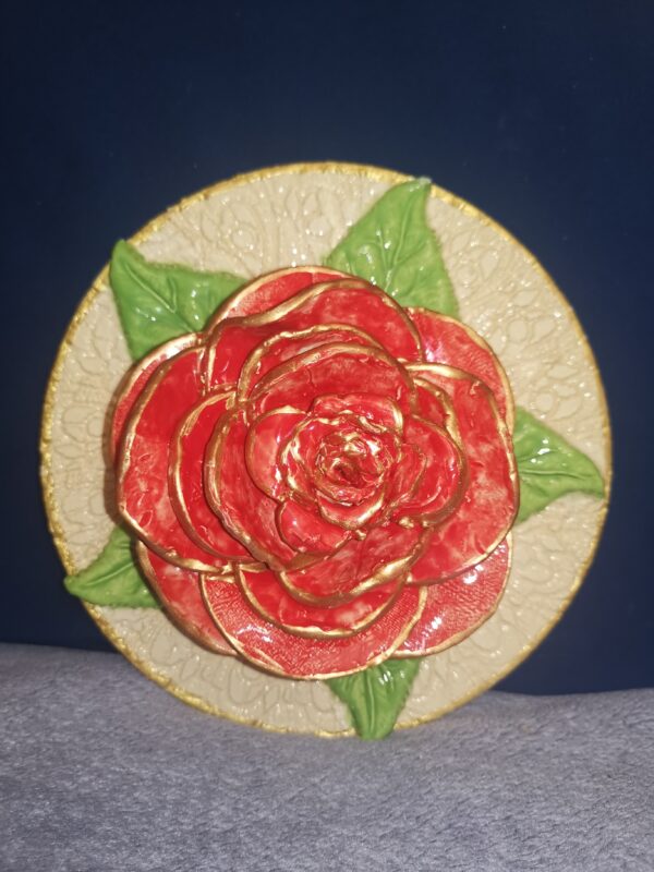Rose red ceramic sculpture 3D  plate handmade. - Image 2