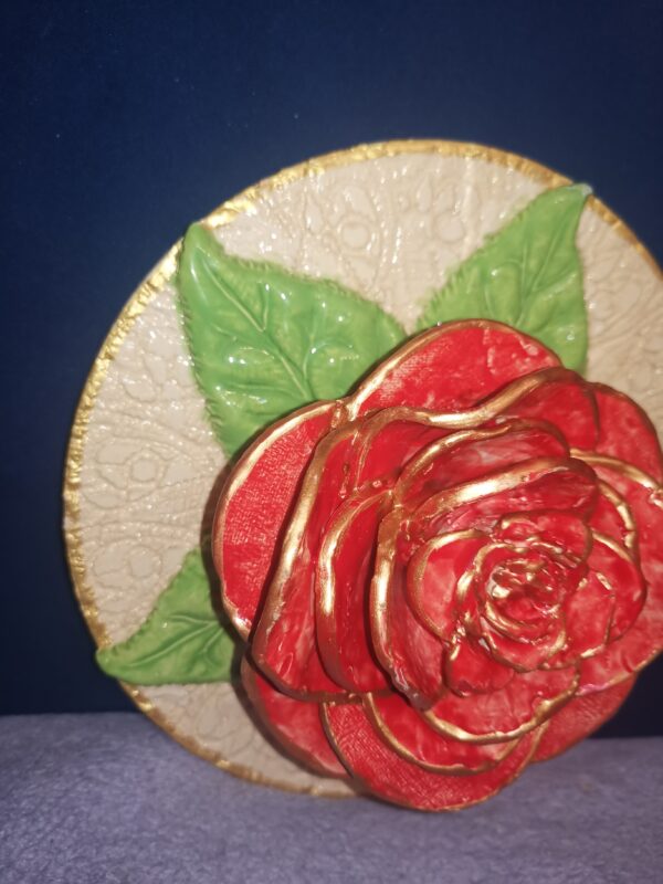 Rose red ceramic sculpture 3D  plate handmade. - Image 3