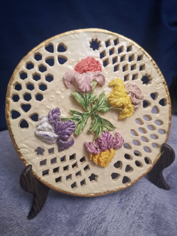 Flowers openwork 3D sculptural ceramic plate with  Irises  handmade. - Image 2