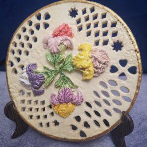 Flowers openwork 3D sculptural ceramic plate with  Irises  handmade.