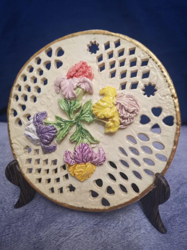 Flowers openwork 3D sculptural ceramic plate with  Irises  handmade.