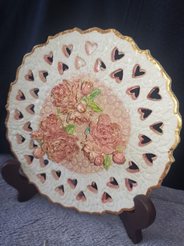 Openwork slotted flowers 3D sculptural ceramic  plate handmade.