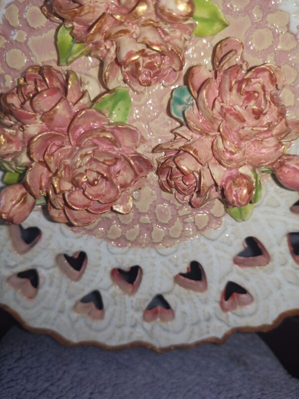 Openwork slotted flowers 3D sculptural ceramic  plate handmade. - Image 4