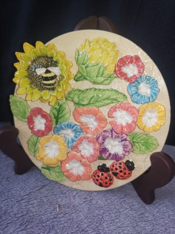 Sunflower, Bees and ladybugs and daisies-wild flowers ceramic panel - Image 2