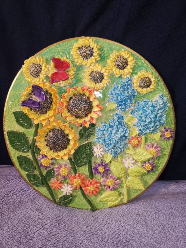 Sunflower, butterflies and daisies wild sculptural flowers ceramic panel - Image 2