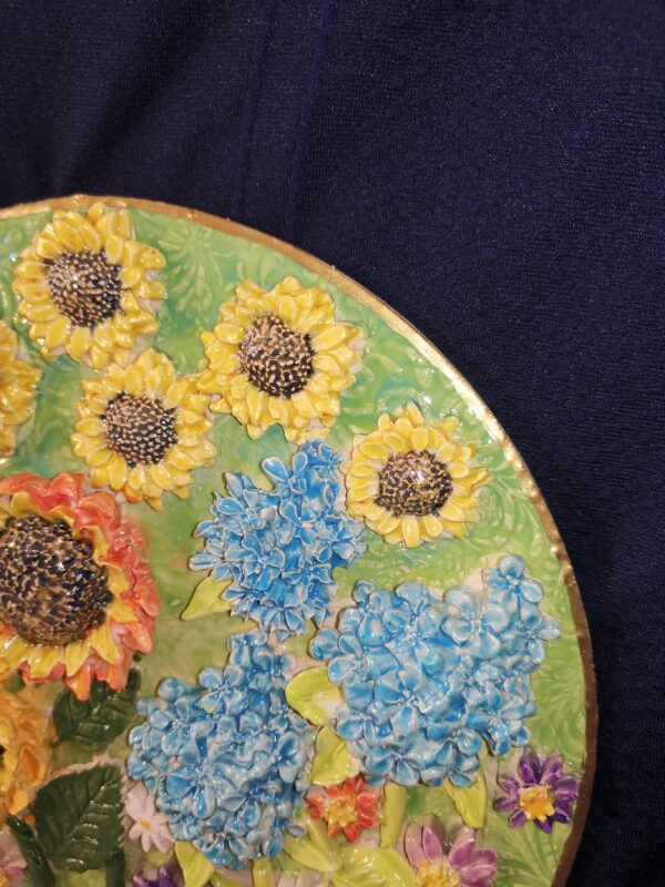 Sunflower, butterflies and daisies wild sculptural flowers ceramic panel - Image 5