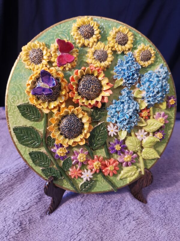 Sunflower, butterflies and daisies wild sculptural flowers ceramic panel - Image 6