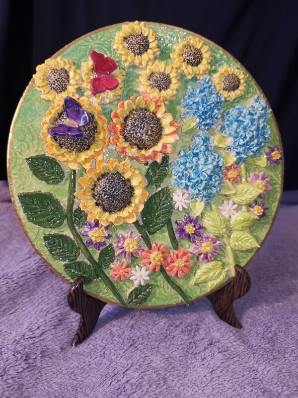 Sunflower, butterflies and daisies wild sculptural flowers ceramic panel - Image 7