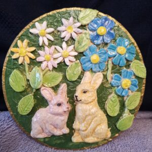 Rabbits and Wildflowers sculptural ceramic plate