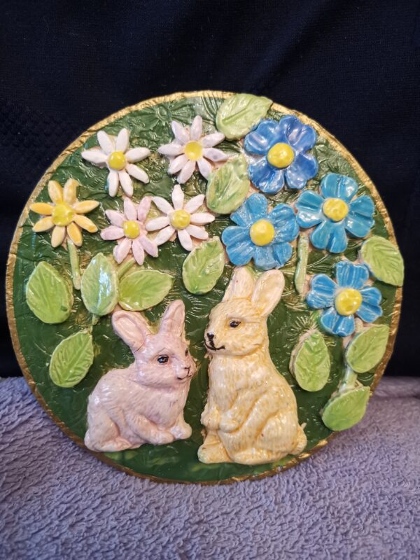 Rabbits and Wildflowers sculptural ceramic plate
