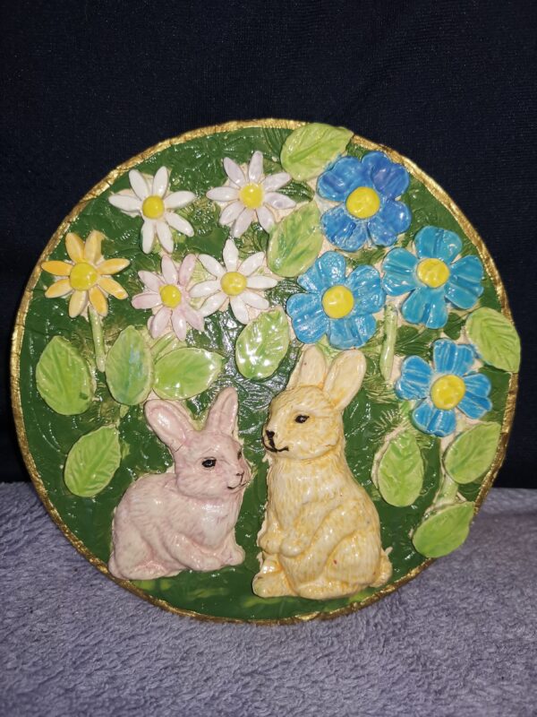 Rabbits and Wildflowers sculptural ceramic plate - Image 2