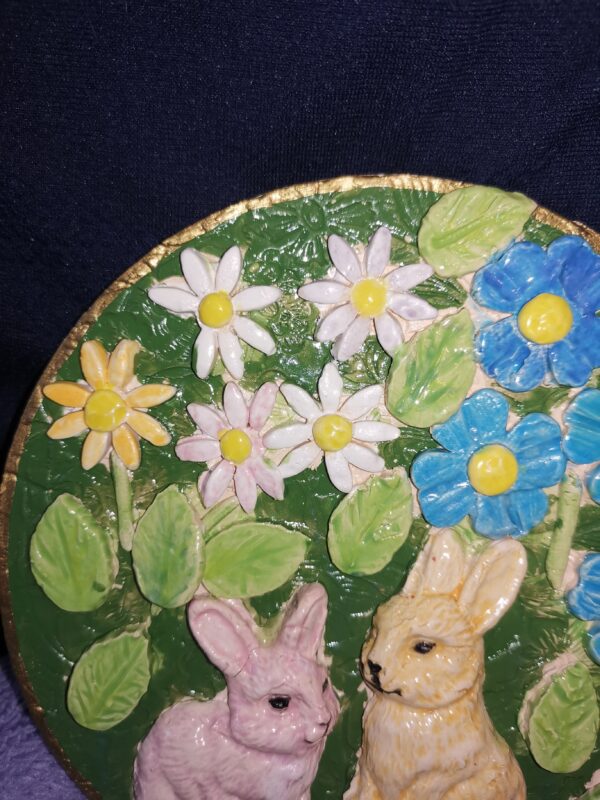 Rabbits and Wildflowers sculptural ceramic plate - Image 5