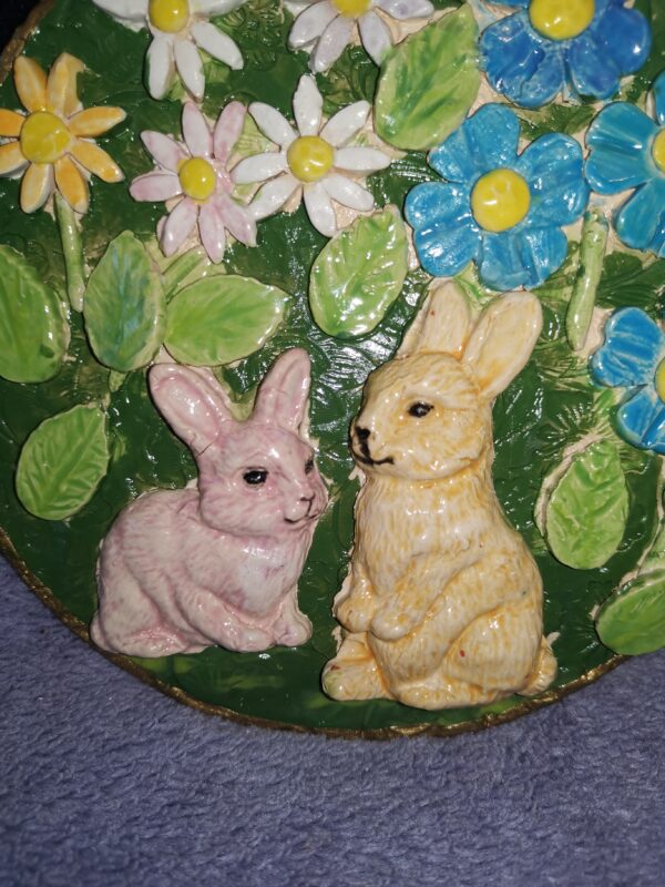 Rabbits and Wildflowers sculptural ceramic plate - Image 4