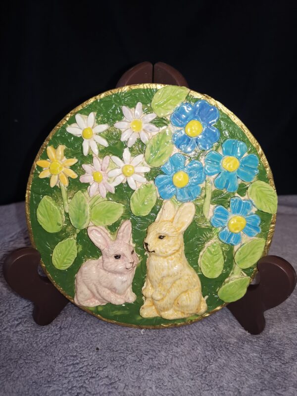 Rabbits and Wildflowers sculptural ceramic plate - Image 3