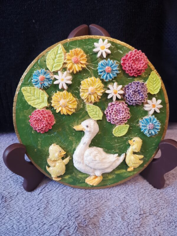 Duck and ducklings Wildflowers sculptural ceramic plate