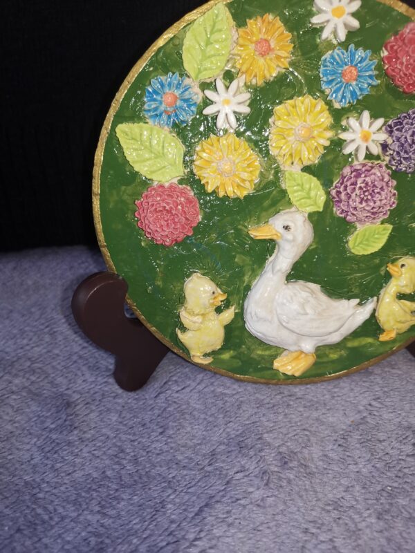 Duck and ducklings Wildflowers sculptural ceramic plate - Image 2