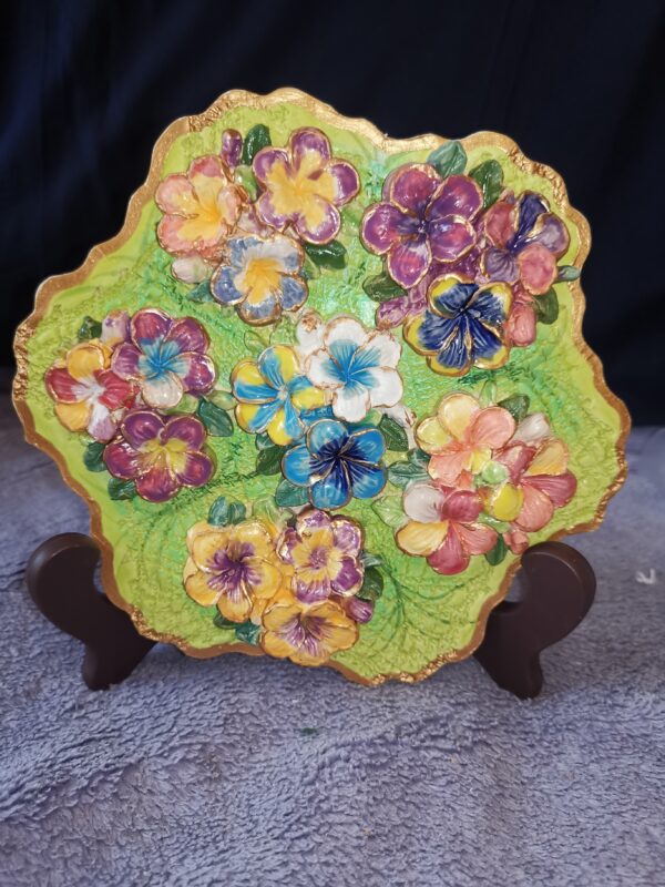 Flowers sculptural ceramic plate  handmade.